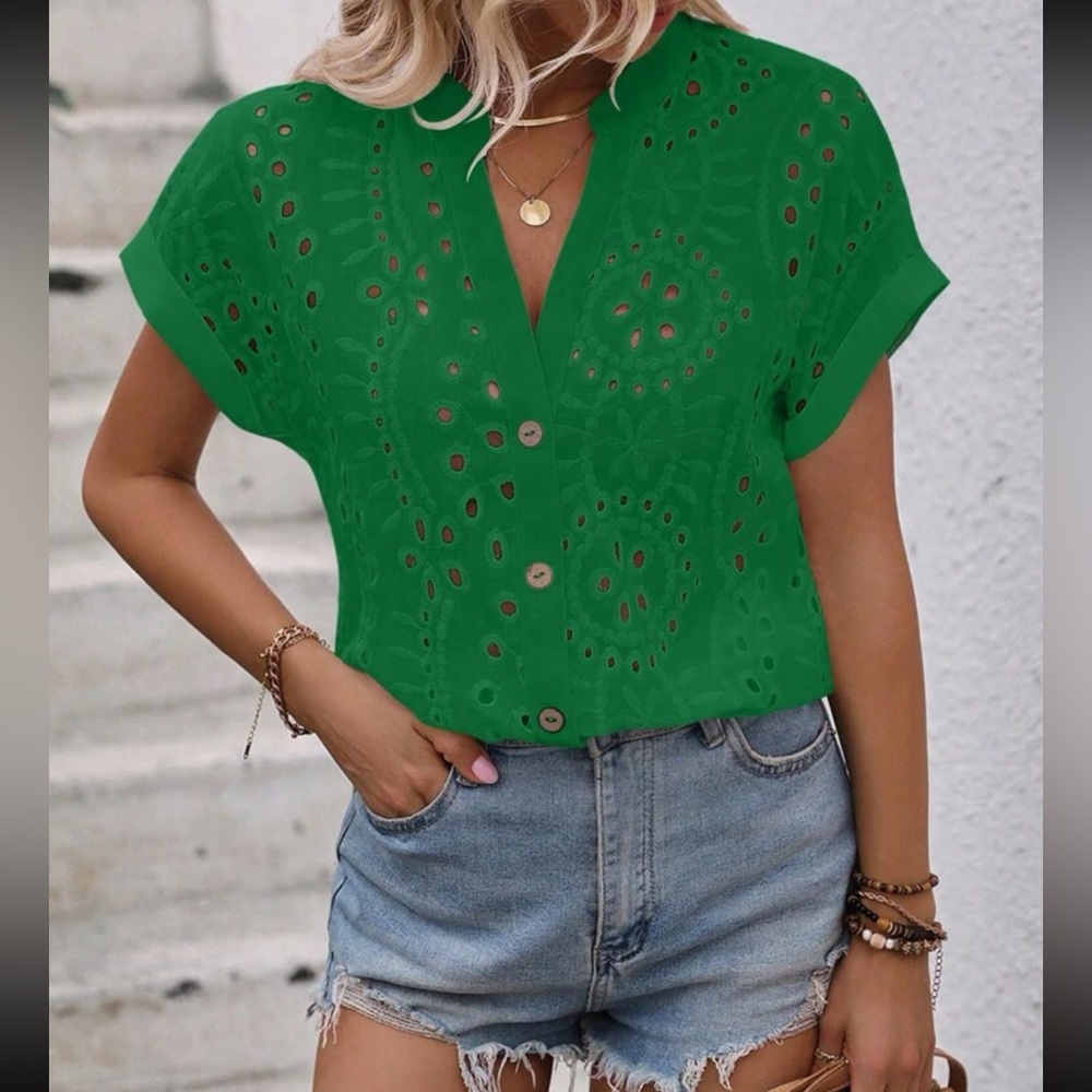 Boho eyelet embroidered batwing sleeve button front too